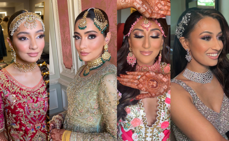 Four JTorry bridal beauty looks with different makeup, hairstyles and accessories